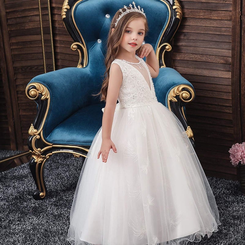 MYRISAM Little Girls Applique Princess Dress Bridesmaid Wedding Party Pageant Birthday Formal Dance Long Maxi Tulle Gown White 11-12T - Image 3